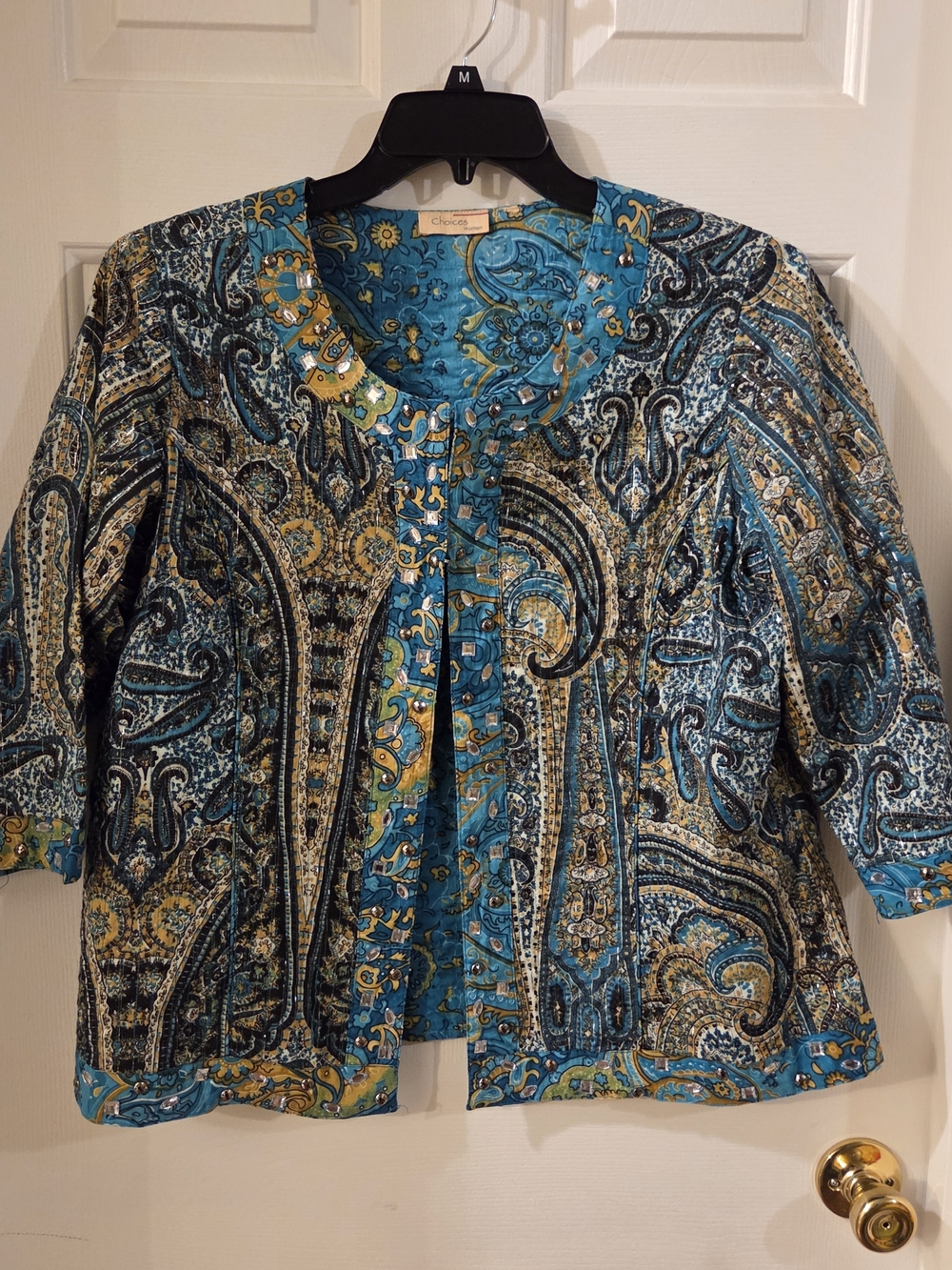 Choices Teal Paisley Button-Front Blouse with Gold Accents